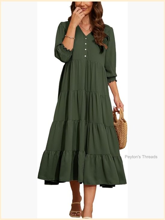 Dresses & Skirts - V Neck Boho Midi Dress Puff Sleeve High Waist Floral Smocked Flowy Ruffle